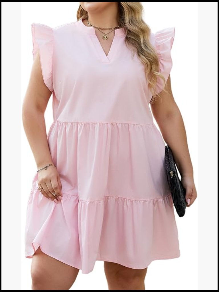 Plus Size Babydoll Dress With Ruffle Sleeves V-Neck Summer Casual